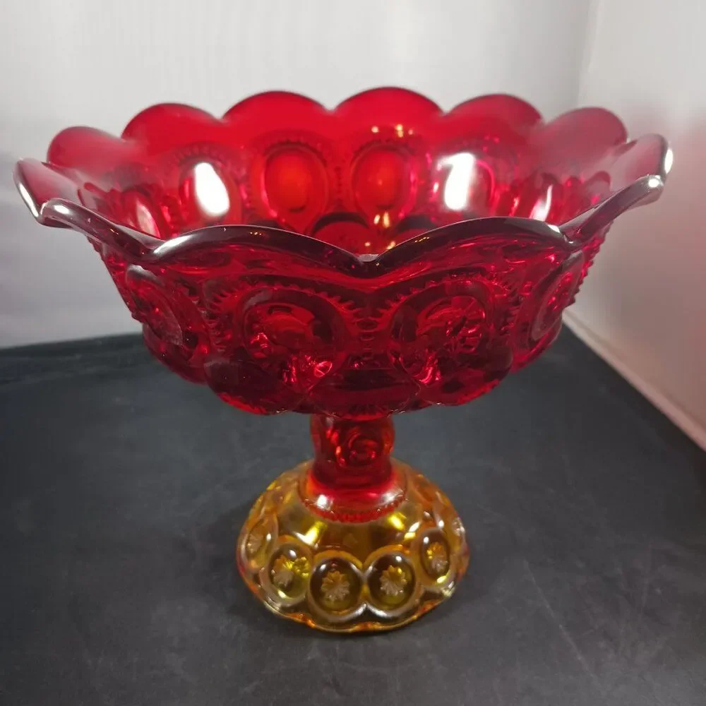 LE Smith Moon & Stars Red Orange Glass Pedestal Footed Compote Candy Dish Bowl